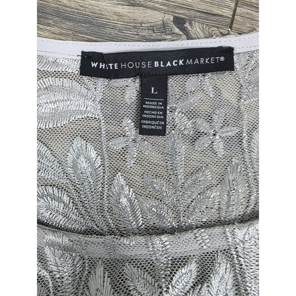 White House Black Market Silver Metallic Embroidered Blouse Top Sz L EUC Liner - Picture 7 of 9